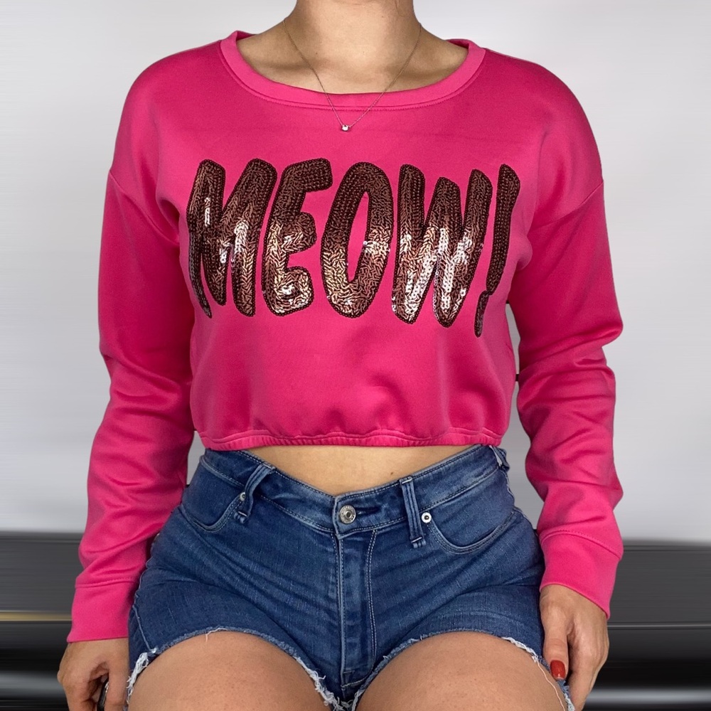 JUICY COUTURE MEOW! Sequin Cinch Crop Sweatshirt Pullover Size Large Glam Pink